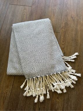 Brahms Mount LL Bean Woven Fringe Throw Blanket in Blue and Cream